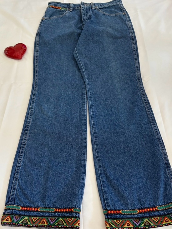 Wrangler 80’s Vintage Western Jeans Aztec Trim HR Made USA 🇺🇸 Boho Festival 5x32 - Picture 3 of 16